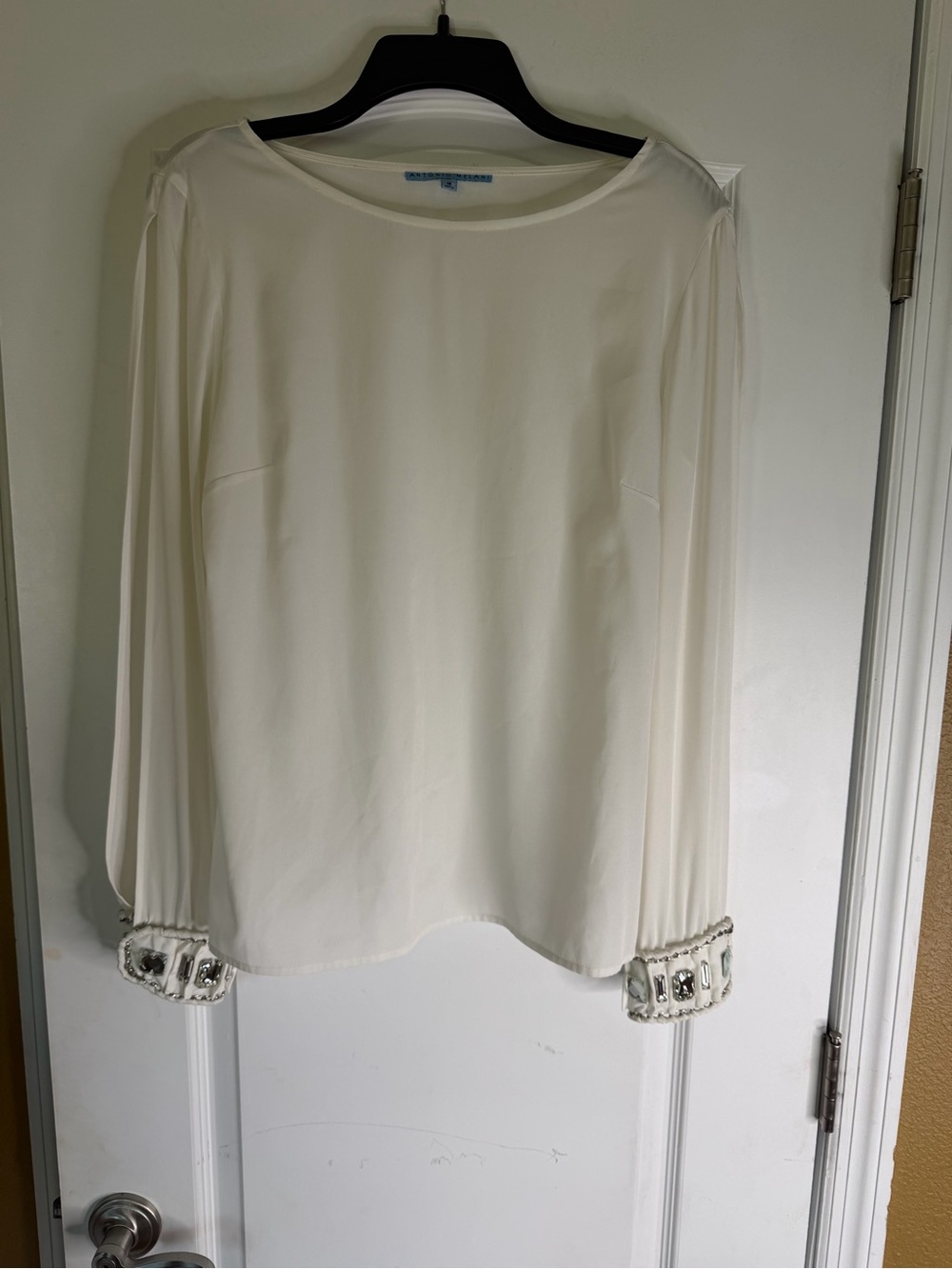 ANTONIO MELANI Ivory Sheer  Chiffon Long-Sleeve Blouse with Beaded Cuffs. Size M